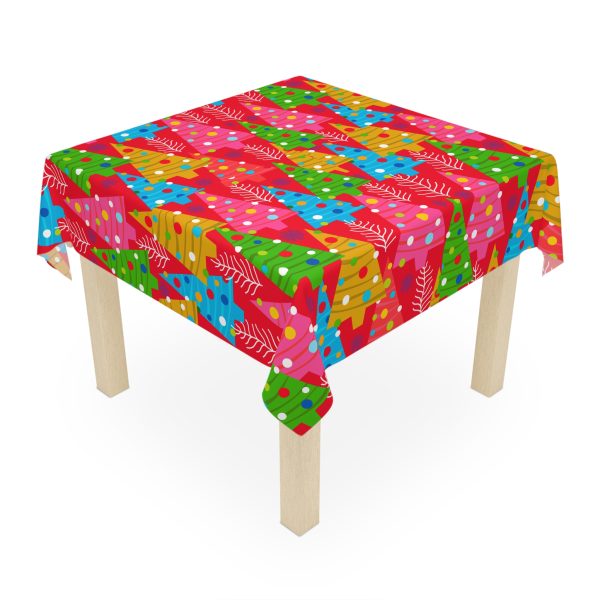Festive Christmas Tablecloth with Colorful Trees and Ornaments